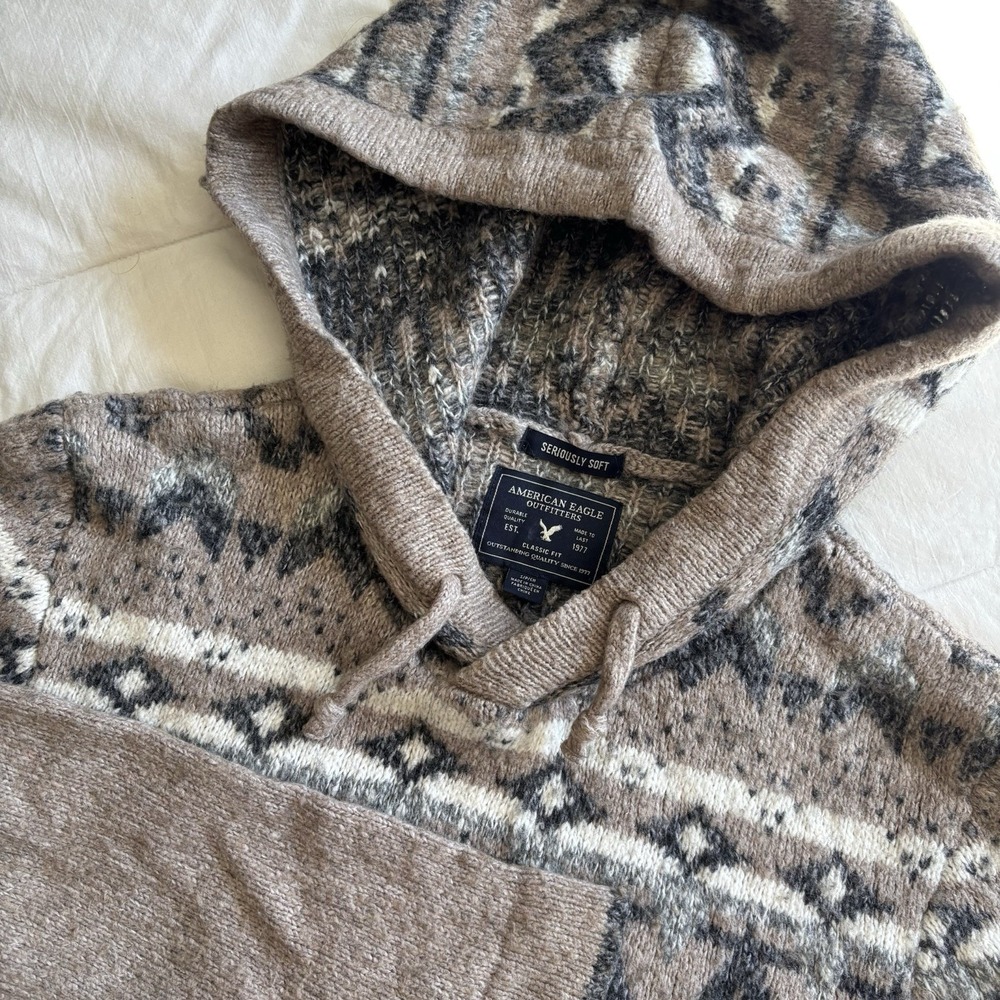 American Eagle Seriously Soft Fair Isle Hoodie Mens S Beige Neutral Wool Blend